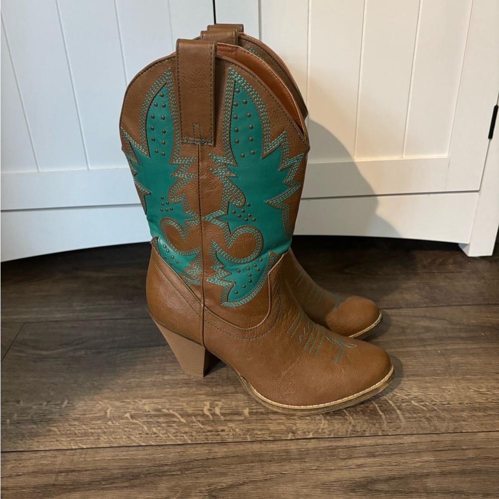 Women's Brown Leather Heeled Cowboy Boots with Teal Embroidery